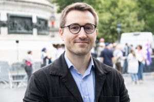 Antoine Léaument attends rally for the Handala boat and Palesti idir hakim photographe paris