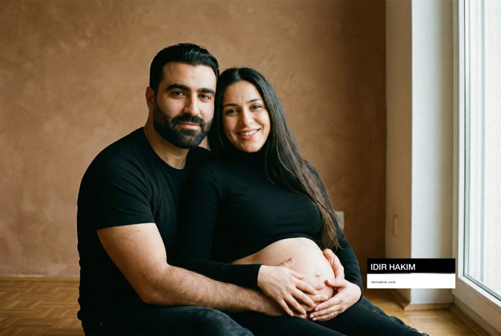 Photographe grossesse Île-de-France : séance à domicile et ventre rond.